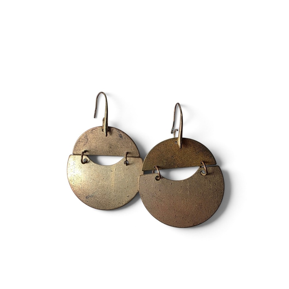Brass Tone Dangle Earrings Crescent Cutout Boho Indie Geometric bohemian